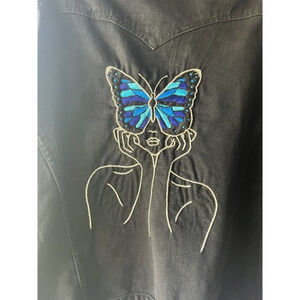 Embroidered‎ Butterfly Jean Jacket Black XL Oversized Denim Upcycled